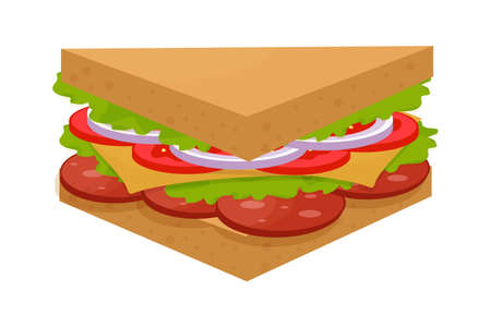 Tasty, delicious triangle sandwich, colorful and detailed isolated on white background. Salami, green leaves, tomato, cheese and onion ingredients. Vector illustrationのイラスト素材