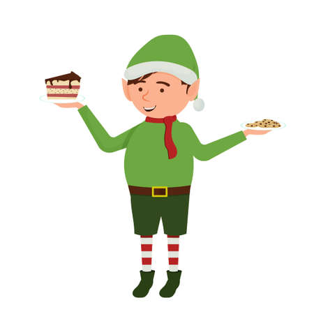 Cute Christmas elf holding cake and cookies and making decision. Funny, bright character isolated on white background. Vector illustrationのイラスト素材