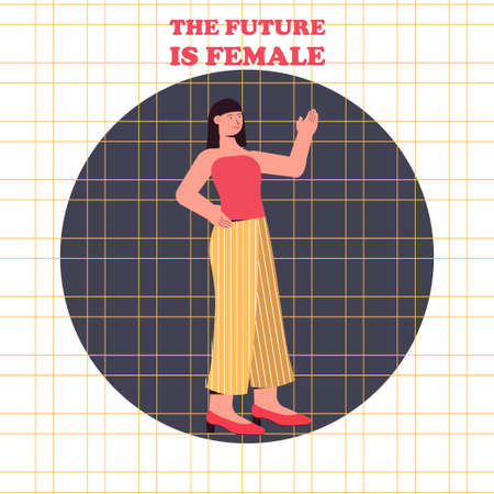 Stylish, fashion woman with crown above head standing, text The future is Female. Activisms, feminist concept. Modern composition with quote. . Vector illustrationのイラスト素材