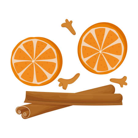 Set, decoration with cinnamon, carnation, round pieces of orange isolated on white background. Holiday, traditional spices, design element, group of objects. Vector illustrationのイラスト素材