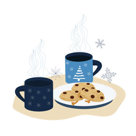 Comfortable lifestyle, two cups with hot beverage and plate with cookes, decorated with snowflakes isolated on white background. Vector illustrationのイラスト素材