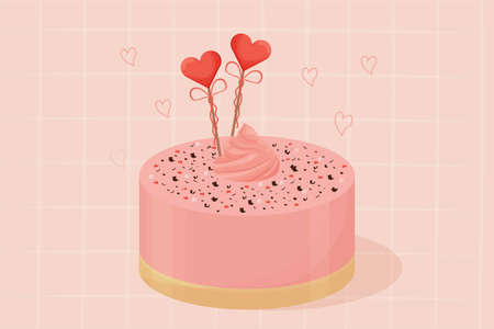 Detailed and bring pink romantic cake, for greeting Valentine day, glazed on abstract modern...