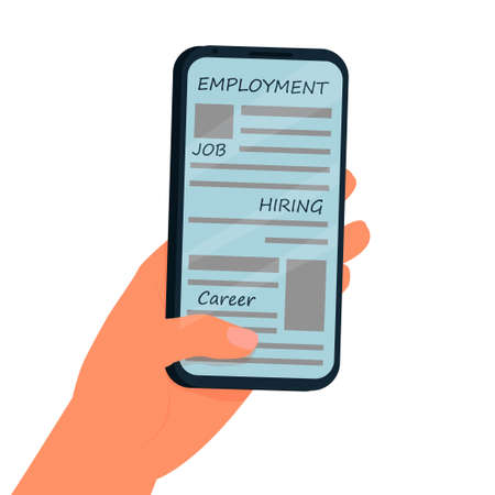 Hand holding smartphone with employment, job search app, web page isolated on white background stock vector illustration. Vector illustrationのイラスト素材