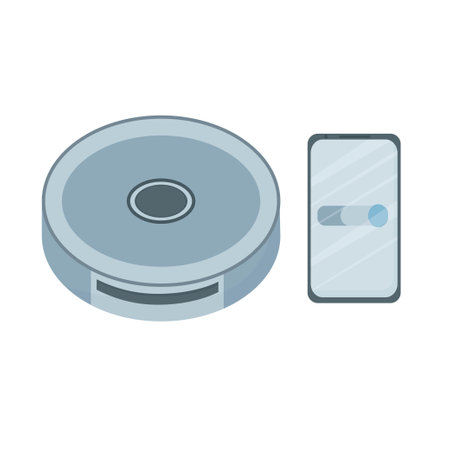 Robotic vacuum cleaner round shape with smartphone isolated on white background. Household equipment for cleaning. Technology concept. . Vector illustrationのイラスト素材