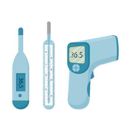 Set of medical thermometer, equipment for temperature measuring different designs isolated on white background. . Vector illustrationのイラスト素材