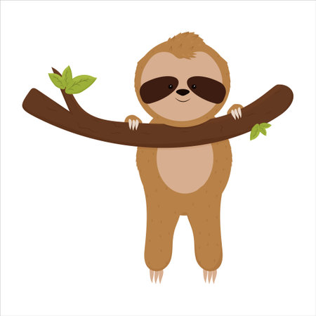 Cute sloth hanging on brunch, happy and smiling bear isolated on white background in cartoon style. Lazy, tired animal stock vector illustration. Vector illustrationのイラスト素材
