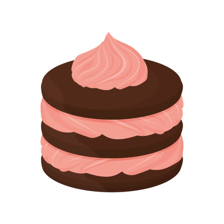 Dessert with chocolate biscuit and pink cream, sandwich isolated on white background. Detailed drawing clipart, gourmet design element. Vector illustrationのイラスト素材