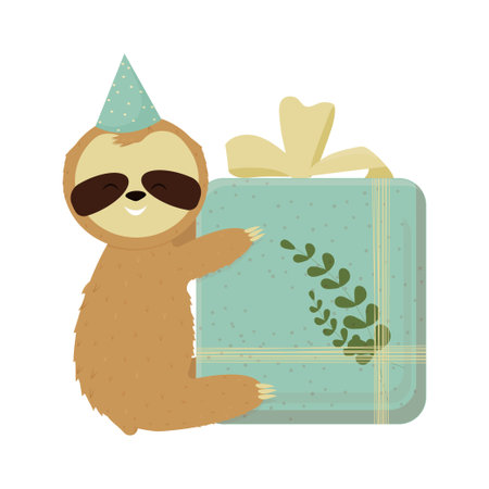 Cute cartoon sloth with big present and birthday hat, colorful bear isolated on white background. Character for decoration stock vector illustration. Vector illustrationのイラスト素材