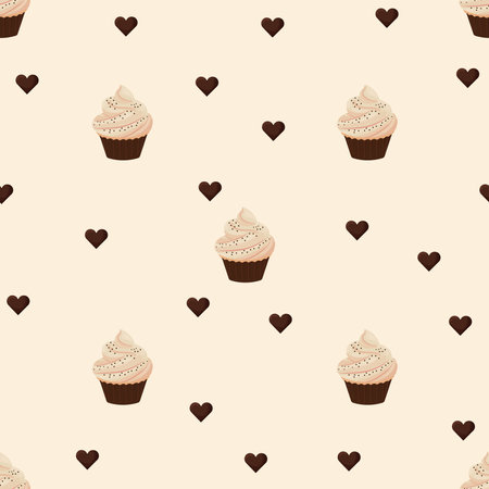 Seamless pattern with detailed drawn desserts cake, cupcake, with chocolate on light background. Creative design, colorful and stylish.のイラスト素材