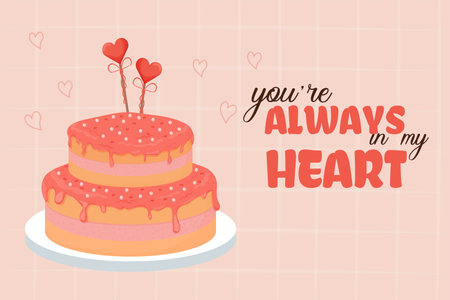 Detailed and bring pink romantic cake, for greeting Valentine day, glazed on abstract modern background text Your always in my heart. Poster, banner or greeting card.のイラスト素材