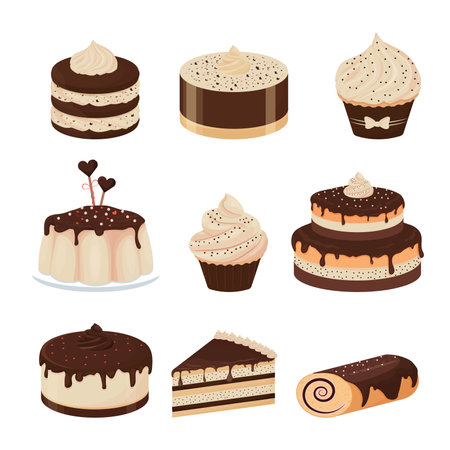 Set of detailed desserts glazed with chocolate cupcake, cheesecake, pudding, cake isolated on white background. Delicious collection clipart, design element.のイラスト素材