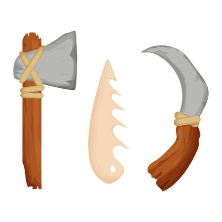 Stone age weapon detailed in cartoon style isolated on white background. Axe and knife from sharpen rock and wooden stick, equipment from bone. History, archeology concept, handle ancient staffs. Vector illustrationのイラスト素材
