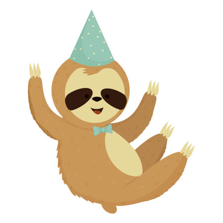 Cute sloth with birthday hat, adorable funny bear isolated on white background. Colorful cartoon clipart stock vector illustration. Positive childish character for print or greeting. Vector illustrationのイラスト素材