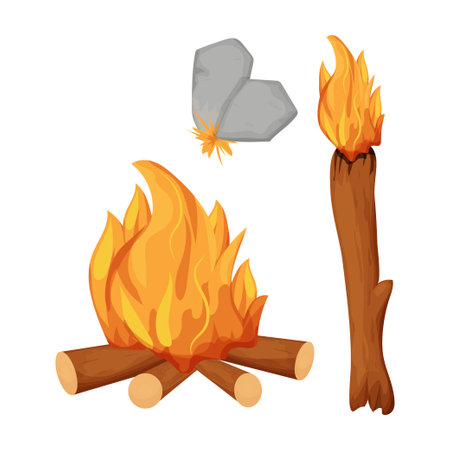 Set stone age campfire, tortch and sharpen stones for fire isolated on white background stock vector illustration. Collection of ancient, antique tools of caveman. Vector illustrationのイラスト素材