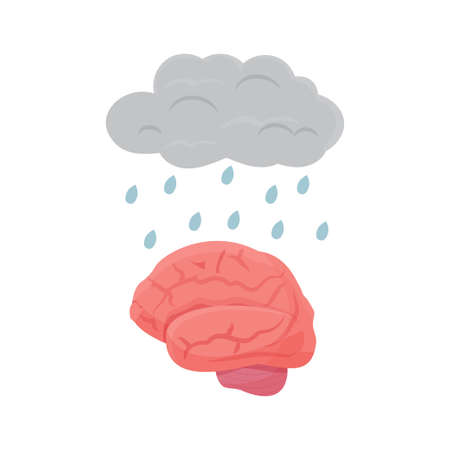 Metaphor cloud with rain drops and human brain organ isolated on white background. Stress, worry,...