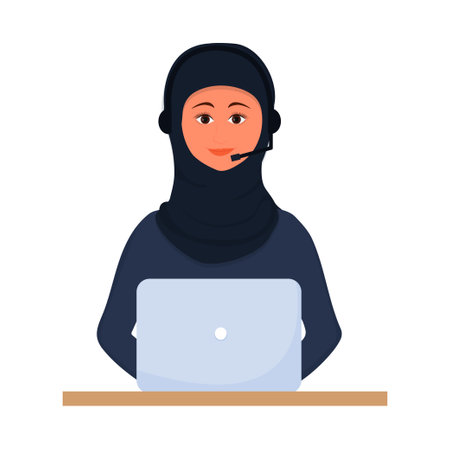 Arabian woman in hijab working, call center operator, support with laptop and headset isolated on white background. Muslim female consultant, assistant. . Vector illustrationのイラスト素材