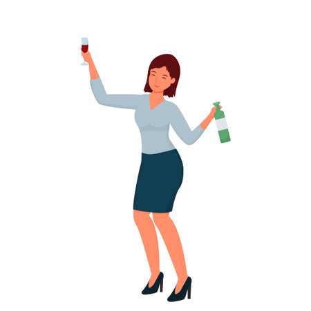 Happy dancing drunk woman in office suite with alcohol beverage and glass isolated on white background. Business women cheerful emotions. Employer in flat cartoon style. Vector illustrationのイラスト素材