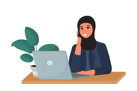 Arab woman in hijab on working place talking by phone and smiling isolated on white background stock vector illustration. Corporate employer, manager with laptop. . Vector illustrationのイラスト素材