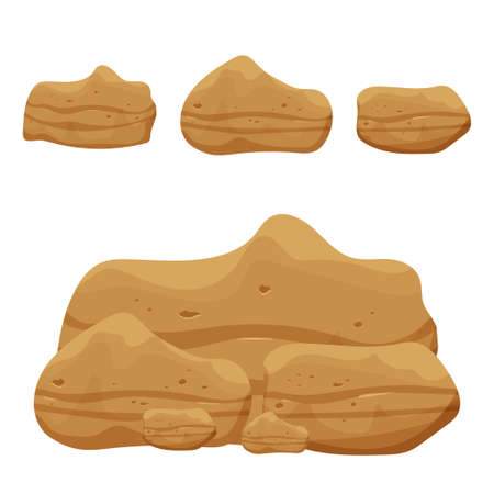 Stone boulders set isolated on white background, detailed drawing in cartoon style with cracked elements for design and ui games. Collection massive constructions. . Vector illustrationのイラスト素材