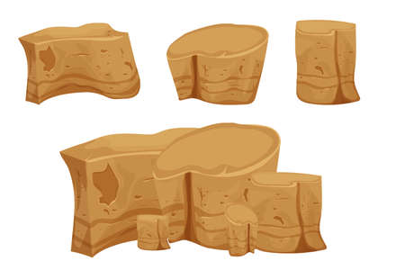 Stone boulders set isolated on white background, detailed drawing in cartoon style with cracked elements for design and ui games. Collection massive constructions. . Vector illustrationのイラスト素材