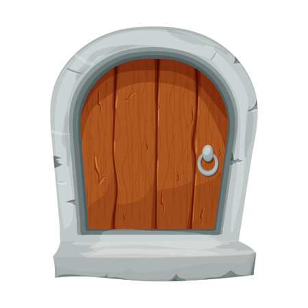 Wood fairy mediaeval door in cartoon style isolated on white background. Fantasy entrance, locked with stone bricks, border. Single object ui games design, decoration. Vector illustrationのイラスト素材