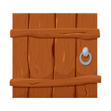 Wooden door in cartoon style, comic isolated on white background. Fantasy entrance, outdoor interior, mediaeval or fairy element. Ui game assets. . Vector illustrationのイラスト素材