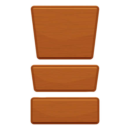 Wooden button set, wood textured interface assets isolated on white background. Empty frame, plank for ui design, decoration. Signboard stylish clipart. Vector illustrationのイラスト素材