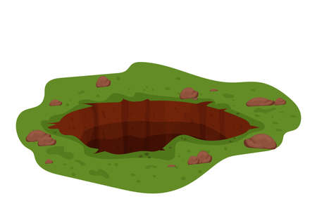 Ground hole, deep pit with grass and stones isolated on white background stock vector illustration. Dirty, dark entrance on lawn, detailed drawing in cartoon style. . Vector illustrationのイラスト素材