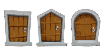 Set wood doors with stone decoration, arch in cartoon style isolated on white background. Fairy, mystery closed entrance, mediaeval element assets for ui games design. Vector illustrationのイラスト素材