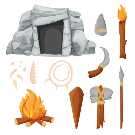 Stone age set with barbarian cave, necklace from bones, tools and weapon from rock and wooden sticks in cartoon style isolated on white background stock vector illustration. Vector illustrationのイラスト素材