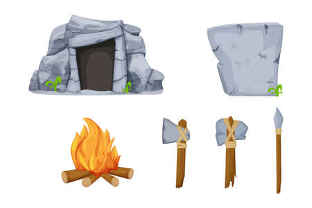 Stone age tools set with cave, fireplace, rock with drawings, axe, hammer and sharp stick isolated on white background in cartoon style. Primitive, ancient objects. Vector illustrationのイラスト素材