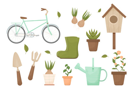 Hygge spring time gardening in Scandinavian style with tools, boots, birdhouse, bike and flowerpot isolated on white background. Textured objects in pastel trendy colours. Farming, cozy agricultural. Vector illustrationのイラスト素材
