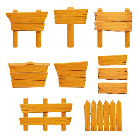 Set wooden elements fence, plywood planks, banner, empty signboard textured in cartoon style isolated on white background. Template assets ui game. Collection frames, button. . Vector illustrationのイラスト素材
