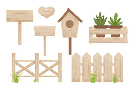 Set wooden fence, birdhouse, empty billboard, sign and wooden box with flowerpots isolated on white background. Textured, detailed objects, seasonsl decoration, beige elegant colour in cartoon style. Vector illustrationのイラスト素材