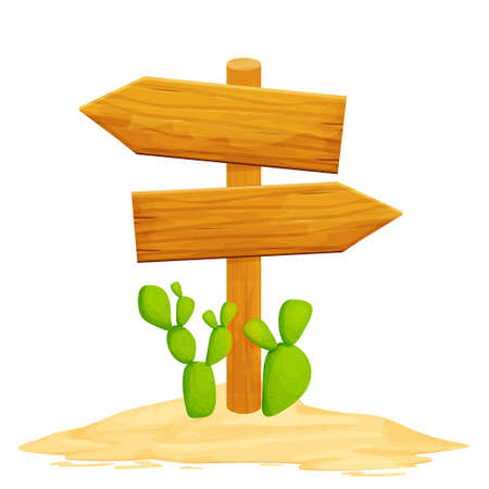 Wood directional billboard with desert sand and cactus isolated on white background in cartoon style. Wild west ui asset, decoration element. Rural, old announcement. Vector illustrationのイラスト素材