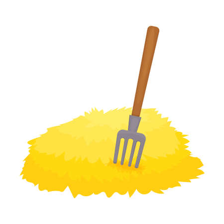 Haystack with fork isolated on white background in cartoon style stock vector illustration. Bale of hay, wheat pile, harvest, countryside.のイラスト素材