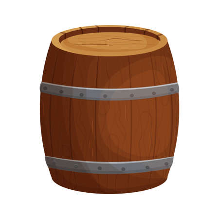 Wooden barrel detailed, textured in cartoon style isolated on white background. Ui game assets. Wood container, keg. Decoration, rural, rustic object.のイラスト素材