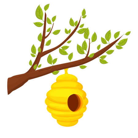 Bee hive on tree branch in cartoon style isolated on white background. Wild, hanging construction. Bee colony home. . Vector illustrationのイラスト素材