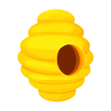 Yellow hanging wild beehive in cartoon style isolated on white background. Bee nest, house. Detailed drawing, apiary element. . Vector illustrationのイラスト素材