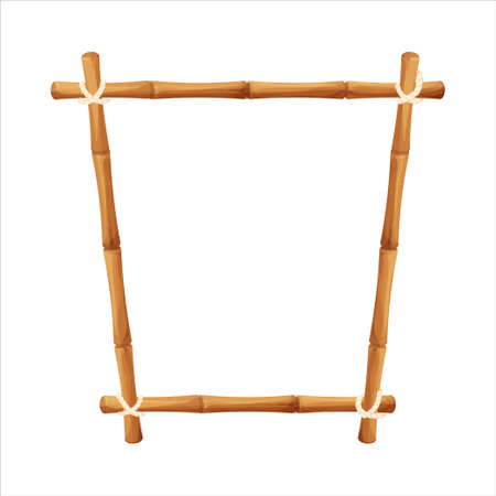 Bamboo border frame with rope in cartoon style, decoration isolated on white background stock vector illustration. Hawaiian, tribal blank from sticks. Vector illustrationのイラスト素材