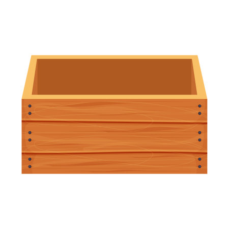 Wooden box, container in cartoon style isolated on white background stock vector illustration. Empty cargo, open object, design element. Rural textured equipment for keeping. Vector illustrationのイラスト素材