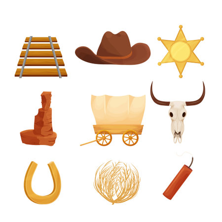 Wild west, western collection in cartoon style isolated on white background. Retro wagon, scull, cowboy hat, sheriff star, Arizona dessert stone. . Vector illustrationのイラスト素材