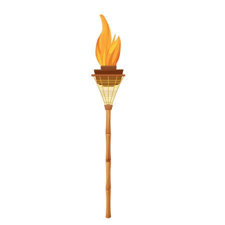 Tiki torch with bamboo stick with flame in cartoon style isolated on white background. Hawaiian decoration, island symbol. Vintage element, summertime. Vector illustrationのイラスト素材