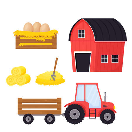 Farm set with tractor, hay stack with pitchfork, wooden box with eggs and red building in cartoon style isolated on white background stock vector illustration. Harvest, agriculture collection. Vector illustrationのイラスト素材