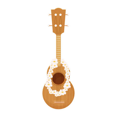 Folk acoustic ukulele in cartoon style from wood with tropical flowers isolated on white background....