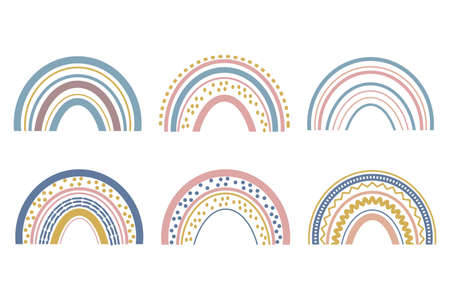 Cute baby boho rainbow set in scandinavian style, lovely decoration isolated on white background. Pastel colors, baby shower, nursery.のイラスト素材