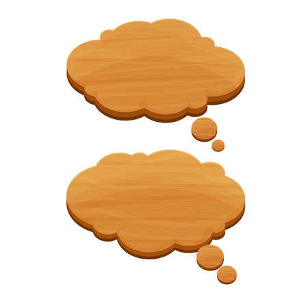 Set wooden banners, bubbles in cartoon style with place for text for game design, ui development, banners, signboard isolated on white background. Collection of textured, detailed comic design elementのイラスト素材