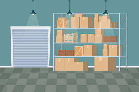 Warehouse interior in cartoon style with boxes, wooden containers, packages building inside....
