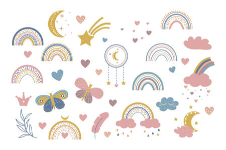 Vector boho clipart for nursery decoration with cute rainbows and moon, cloud, dream catcher. Doodle modern illustration. Perfect for baby shower, birthday, children's party. Vector illustrationのイラスト素材