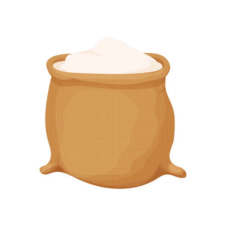 Bag of flour in cartoon style isolated on white background. Heap of flour. Design element. Bread and harvest theme. Food and feed. Vector illustrationのイラスト素材